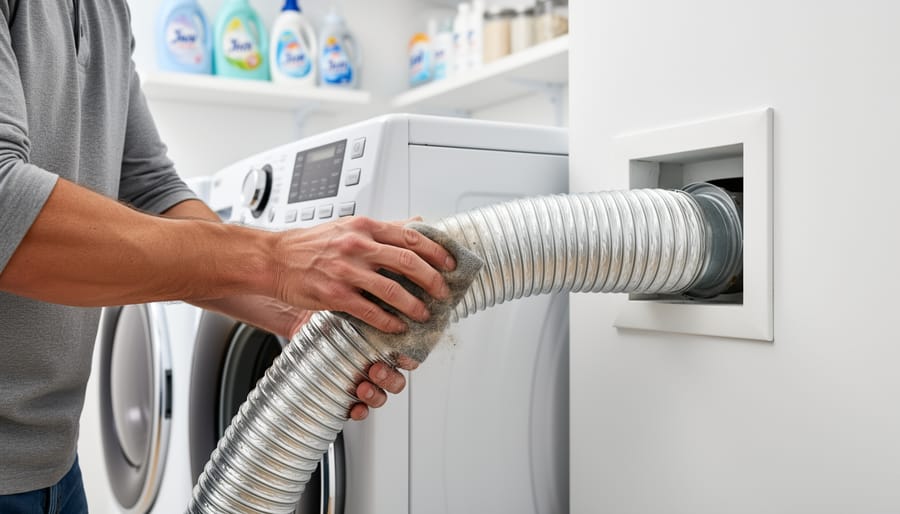 Hands using brush to clean inside flexible aluminum dryer vent hose