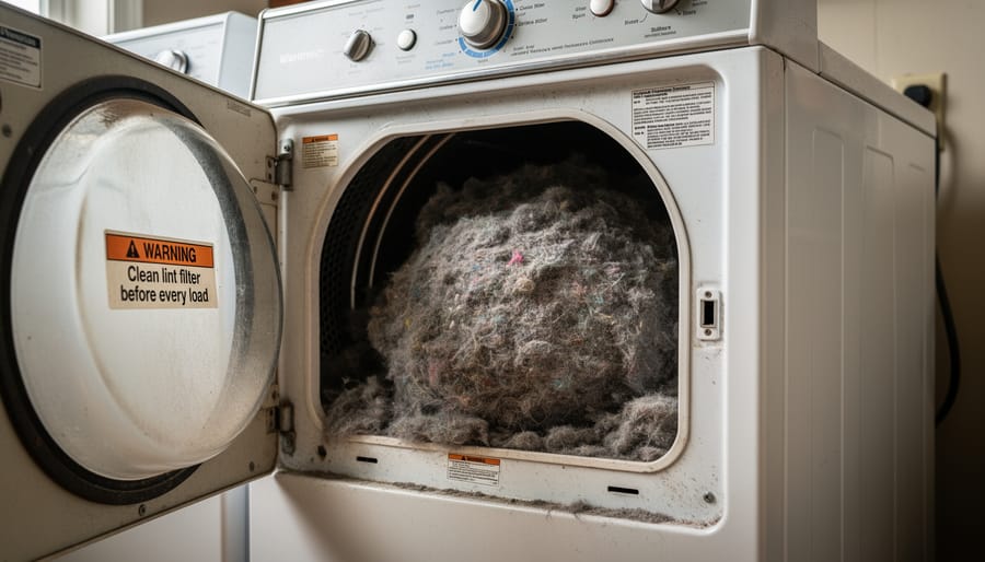 Close-up of large clump of gray dryer lint removed from vent