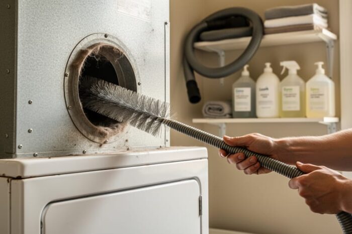 Hands using a flexible brush to remove lint from a metal dryer vent behind a slightly pulled-out secondhand dryer in a small laundry nook, with soft natural light and blurred cleaning tools in the background.