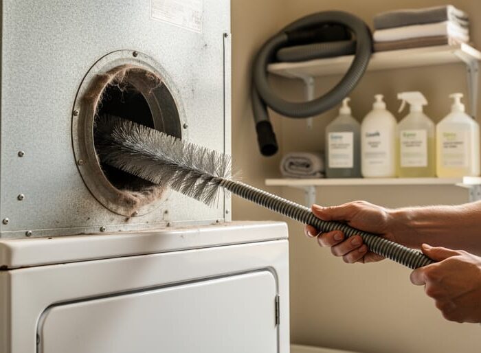 Hands using a flexible brush to remove lint from a metal dryer vent behind a slightly pulled-out secondhand dryer in a small laundry nook, with soft natural light and blurred cleaning tools in the background.