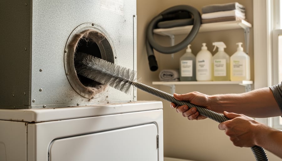 Hands using a flexible brush to remove lint from a metal dryer vent behind a slightly pulled-out secondhand dryer in a small laundry nook, with soft natural light and blurred cleaning tools in the background.