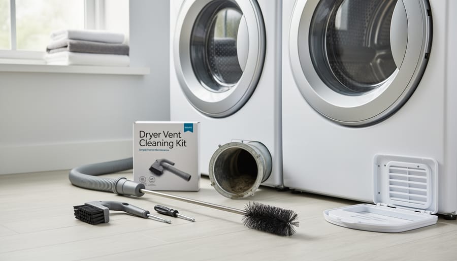 Overhead view of budget-friendly dryer vent cleaning tools including wire hanger, vacuum attachment, and brush