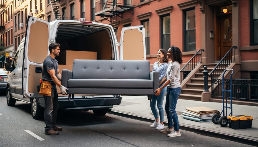 Two people loading vintage furniture into cargo van on New York City street