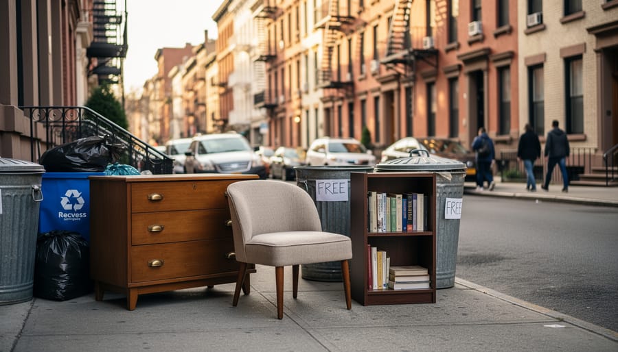 Vintage furniture set out on New York City sidewalk for curbside pickup