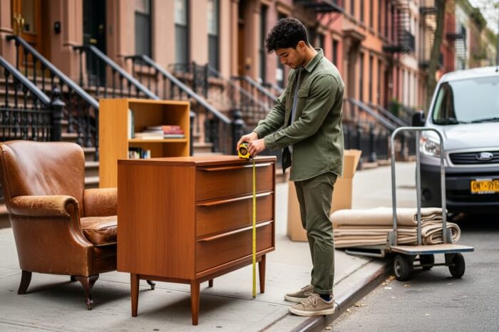 Young adult measuring a mid-century wooden dresser on a Brooklyn sidewalk next to a vintage leather chair and bookshelf, with brownstone stoops, trees, and a small van blurred in the background.