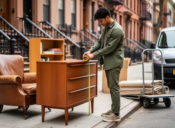 Young adult measuring a mid-century wooden dresser on a Brooklyn sidewalk next to a vintage leather chair and bookshelf, with brownstone stoops, trees, and a small van blurred in the background.
