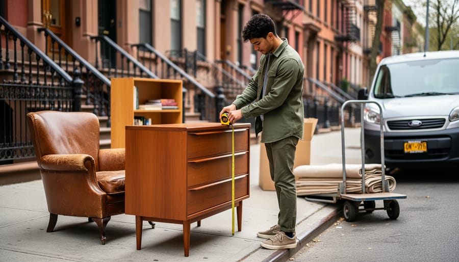 Young adult measuring a mid-century wooden dresser on a Brooklyn sidewalk next to a vintage leather chair and bookshelf, with brownstone stoops, trees, and a small van blurred in the background.