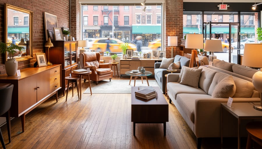 Shoppers browsing vintage furniture in a bright New York City thrift store