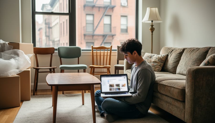 Person browsing furniture listings on smartphone in urban cafe setting