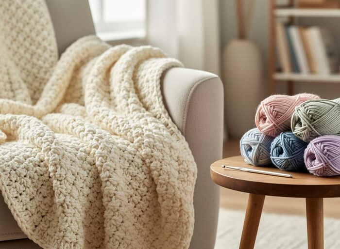 Cozy crochet blanket draped over an armchair with a crochet hook and skeins of chunky yarn on a side table in warm natural light.