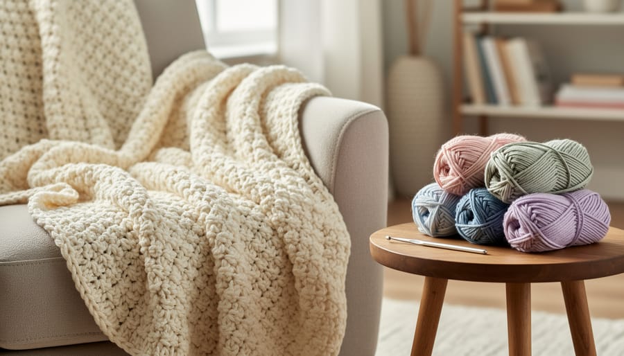 Cozy crochet blanket draped over an armchair with a crochet hook and skeins of chunky yarn on a side table in warm natural light.