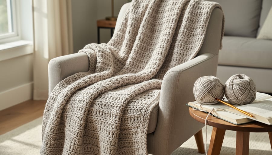 Cozy crochet blanket draped over a couch with yarn skeins and a crochet hook nearby