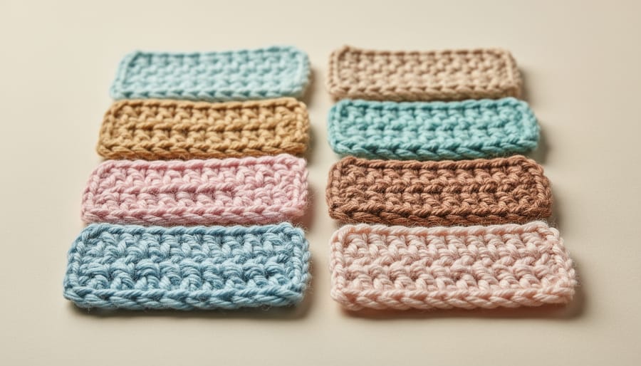 Crochet swatches showing single crochet stripes, chunky granny squares, and corner-to-corner texture
