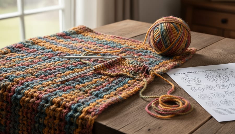 Person crocheting a chunky throw with thrifted yarn balls nearby on a living room floor