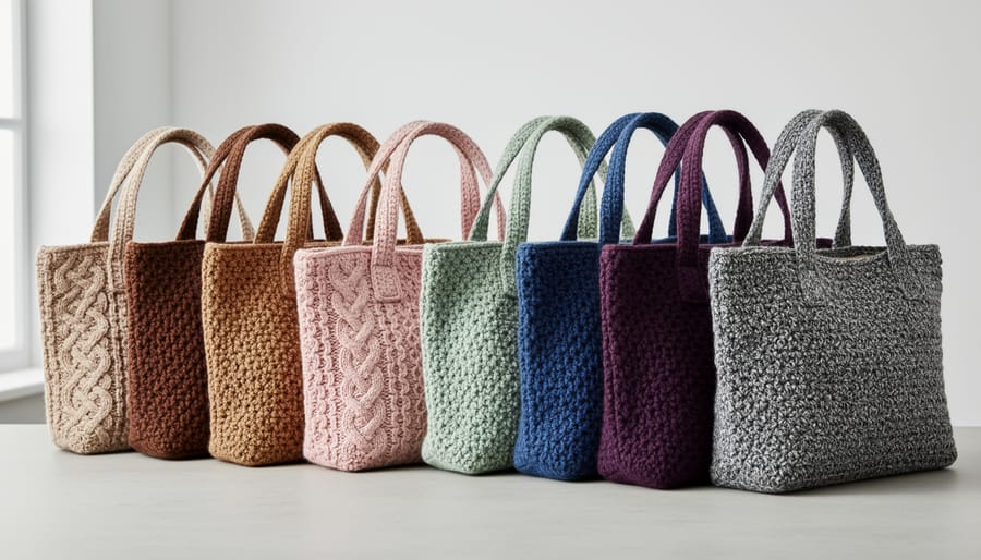 Assorted crochet tote bags in different styles and colors arranged on a studio floor.