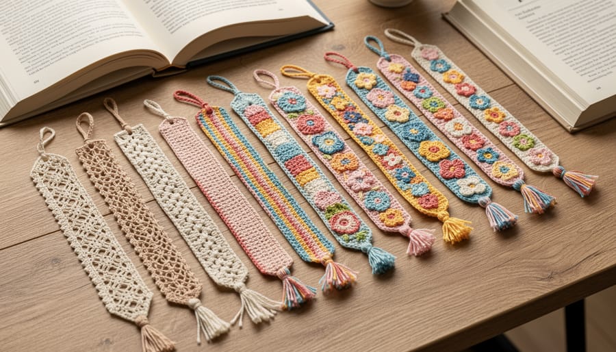 Assortment of crochet bookmarks laid out beside an open book and teacup
