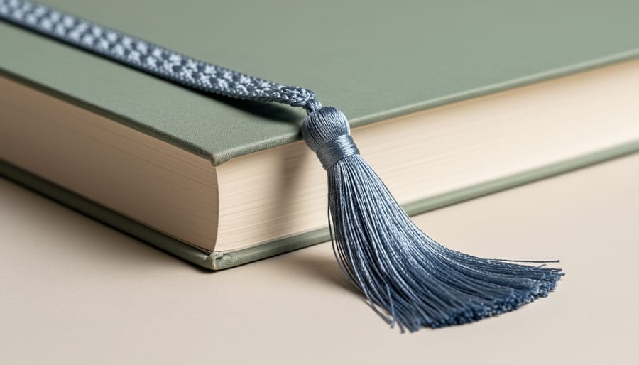 Classic crochet bookmark with tassel resting on a book cover