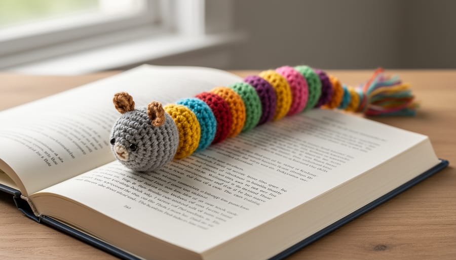 Close-up of a crochet bookworm bookmark next to an open book on a wooden table