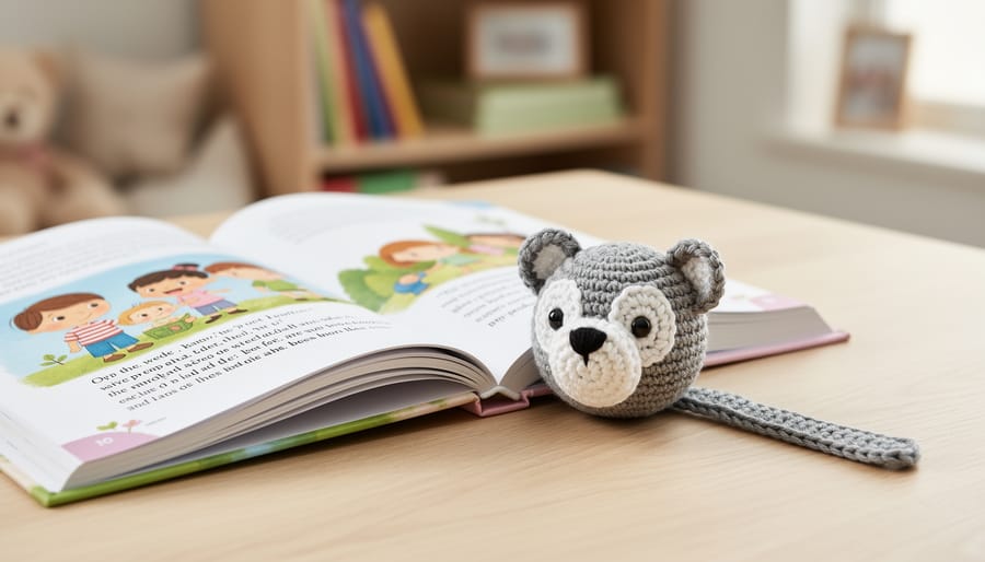 Crochet animal friends bookmark with an owl face on an open children’s book
