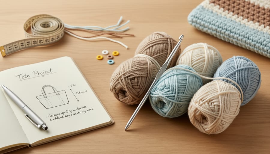 Crochet hook and cotton yarn on a crafting table beside a crocheted tote bag held in hands.