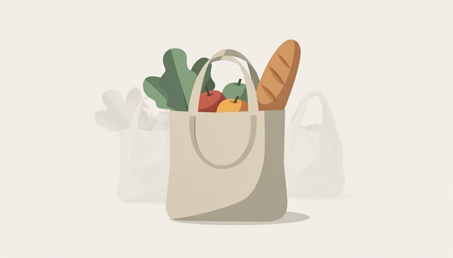 Crochet tote bag on a grocery cart holding fresh produce with plastic bags blurred in the background.