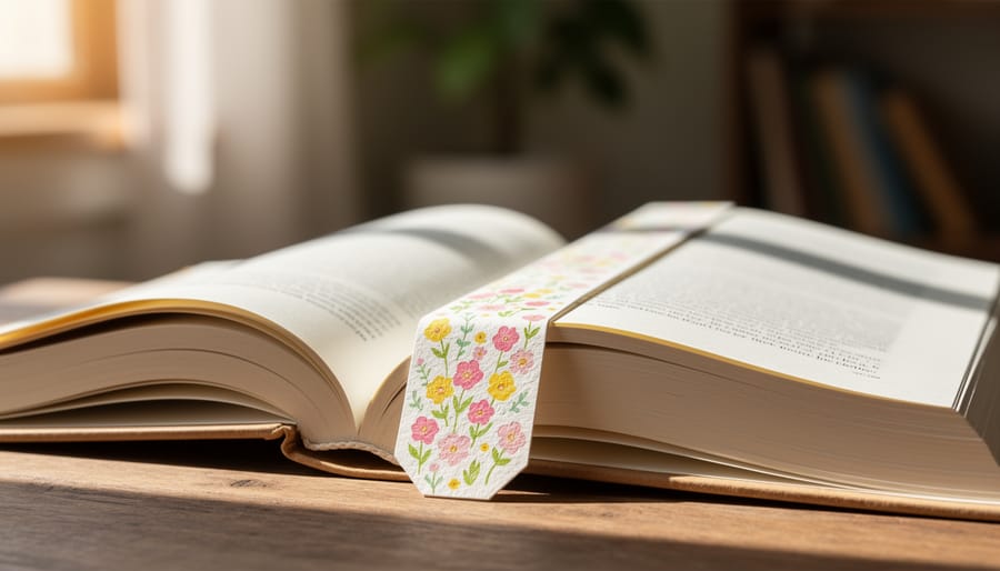 Floral crochet corner bookmark shown gripping a book page corner