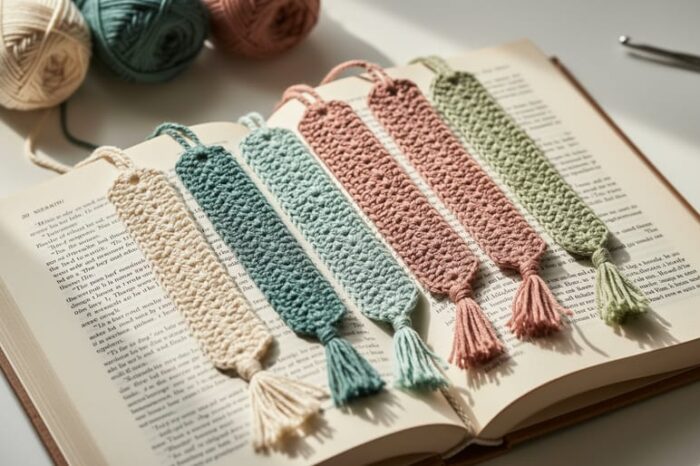 Close-up of colorful crocheted bookmarks on an open book with yarn skeins and a crochet hook softly blurred in the background.