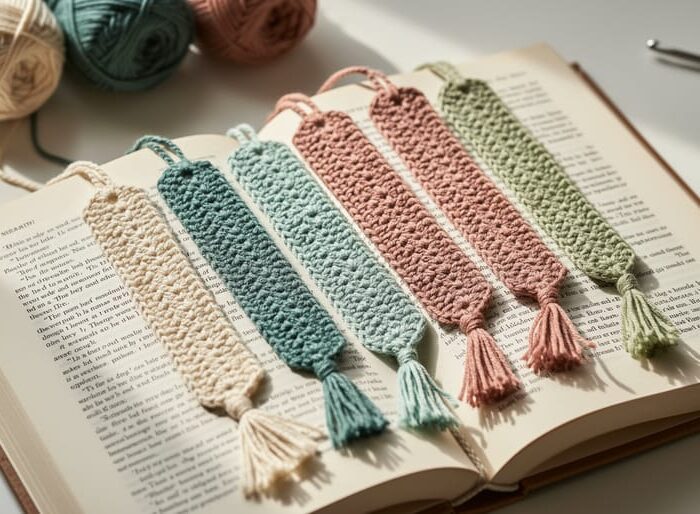 Close-up of colorful crocheted bookmarks on an open book with yarn skeins and a crochet hook softly blurred in the background.