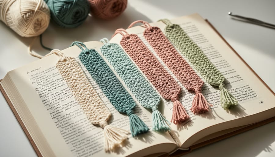Close-up of colorful crocheted bookmarks on an open book with yarn skeins and a crochet hook softly blurred in the background.