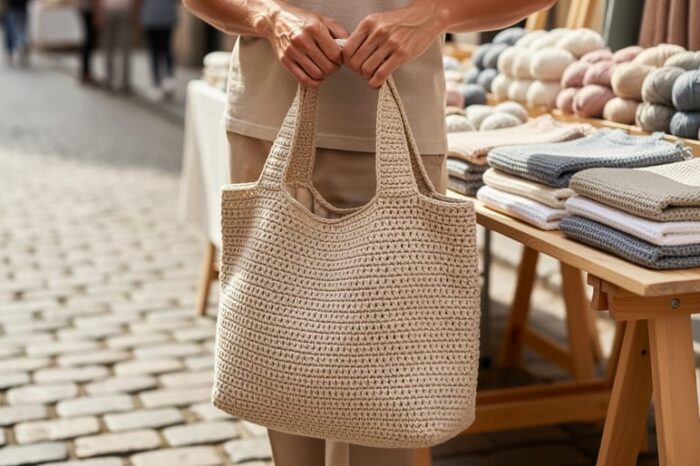 A handmade crochet tote bag with textured stitches held in hands at an outdoor market, shown in soft natural daylight.