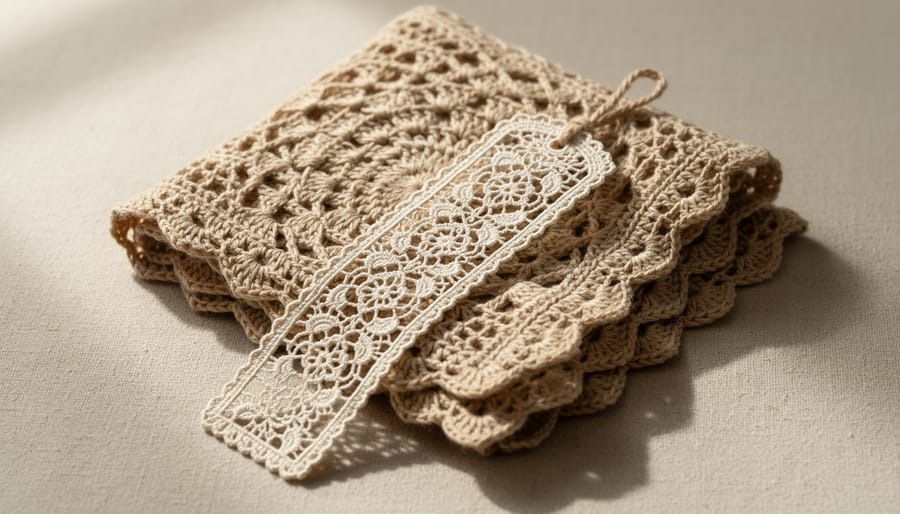 Lacy vintage crochet bookmark resting on a closed book and vintage doily