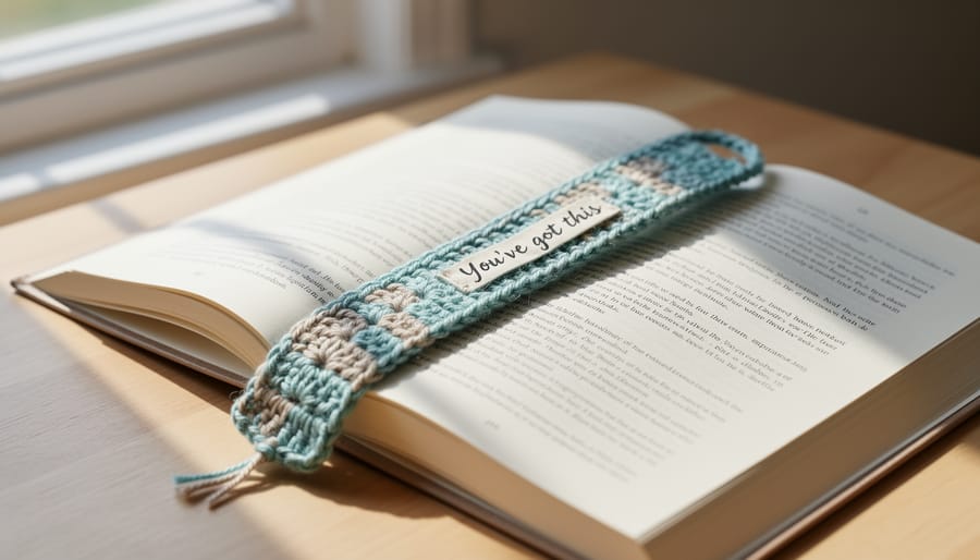 Motivational style crochet bookmark placed in an open journal