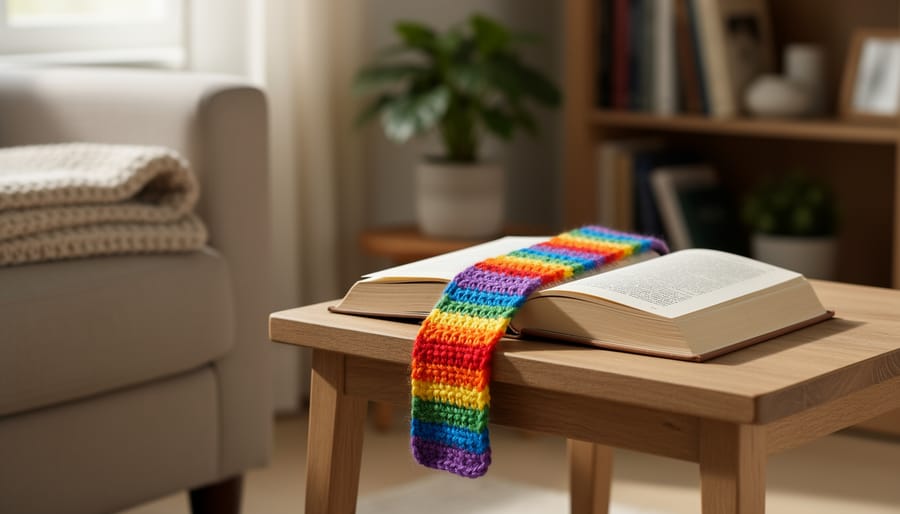 Rainbow striped crochet bookmark draped across a stack of books