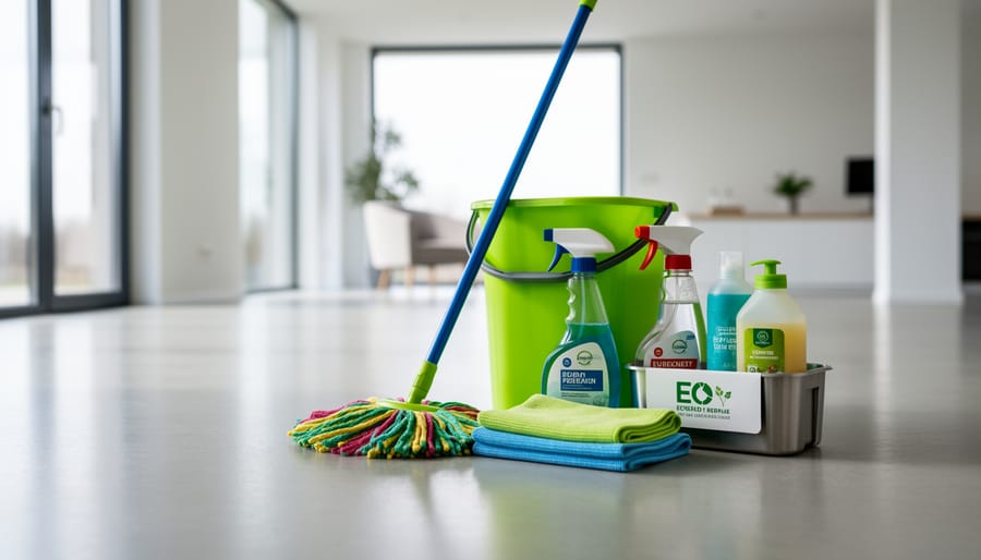 Cleaning supplies near an open front doorway with an otherwise empty living room behind