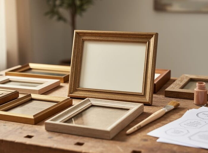 Close-up of thrifted picture frames and DIY supplies on a worktable, ready for creating personalized quote wall art.