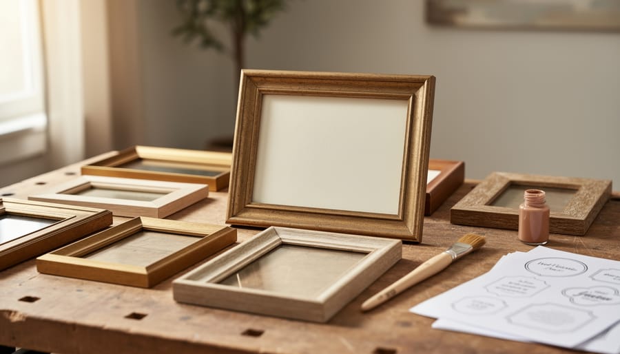 Close-up of thrifted picture frames and DIY supplies on a worktable, ready for creating personalized quote wall art.