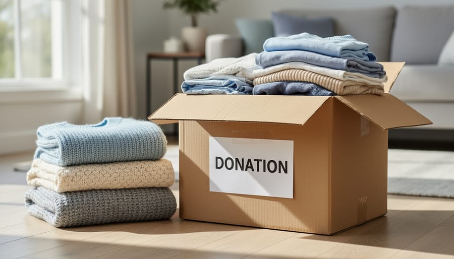 Cardboard donation box on a living-room floor next to folded blankets and a vintage quilt