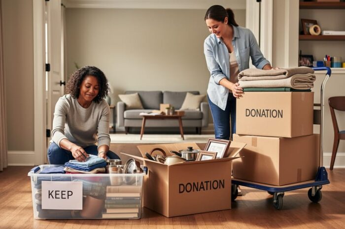 “Family members sorting household items into keep and donation boxes in a bright, partially cleared room.”