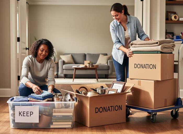 “Family members sorting household items into keep and donation boxes in a bright, partially cleared room.”