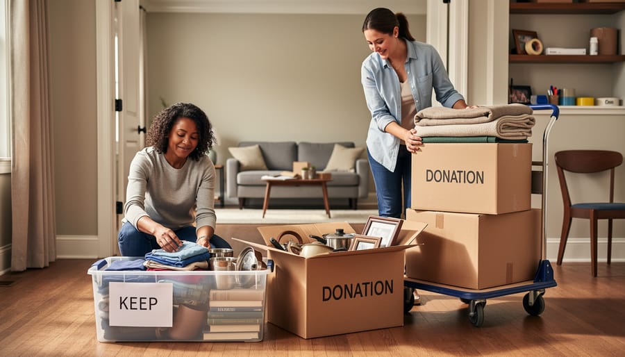 “Family members sorting household items into keep and donation boxes in a bright, partially cleared room.”