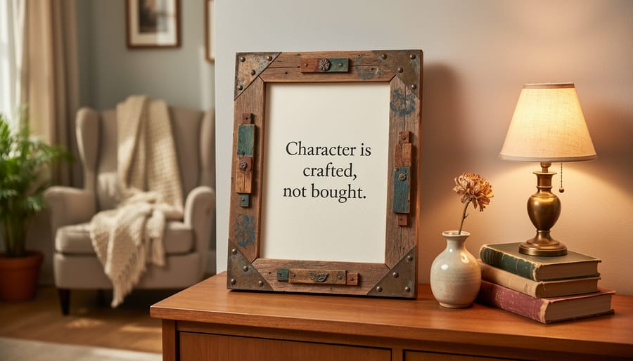 Finished DIY quote wall art leaning against a thrifted wooden frame in a living room