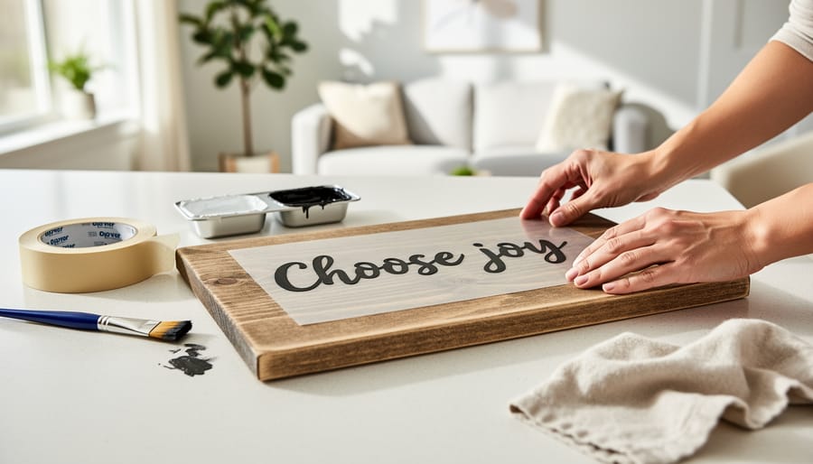 Close-up of hands stenciling a quote design onto a wooden art base with paint