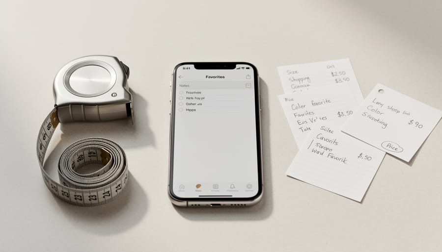 Person using a tape measure and reviewing thrift items at a table with a smartphone and notes nearby