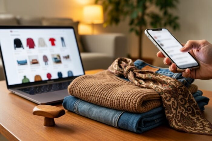 Cozy living-room scene with a laptop and smartphone browsing an online thrift store, with vintage clothing and a mid-century drawer detail in the foreground.