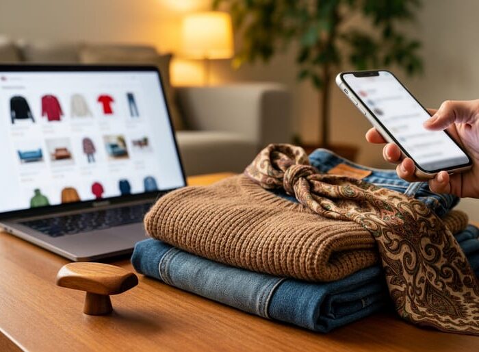 Cozy living-room scene with a laptop and smartphone browsing an online thrift store, with vintage clothing and a mid-century drawer detail in the foreground.