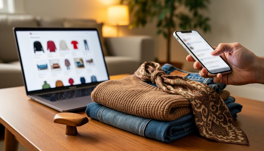 Cozy living-room scene with a laptop and smartphone browsing an online thrift store, with vintage clothing and a mid-century drawer detail in the foreground.