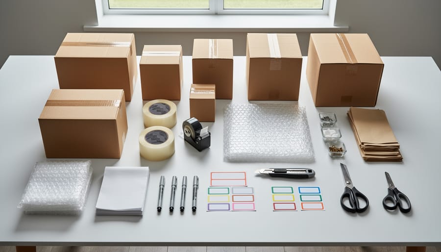 Gloved hands organizing plastic storage bins with packing supplies on a kitchen counter