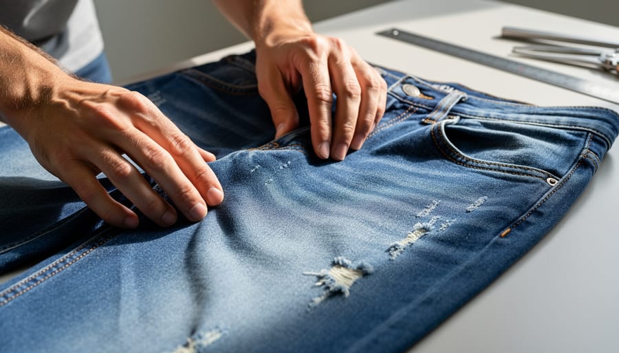 Close inspection of thrift clothing with visible stitching quality and wear details on a bed