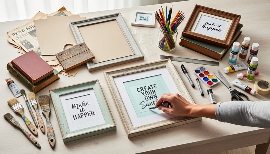 Overhead view of thrifted DIY quote wall art supplies laid out on a worktable