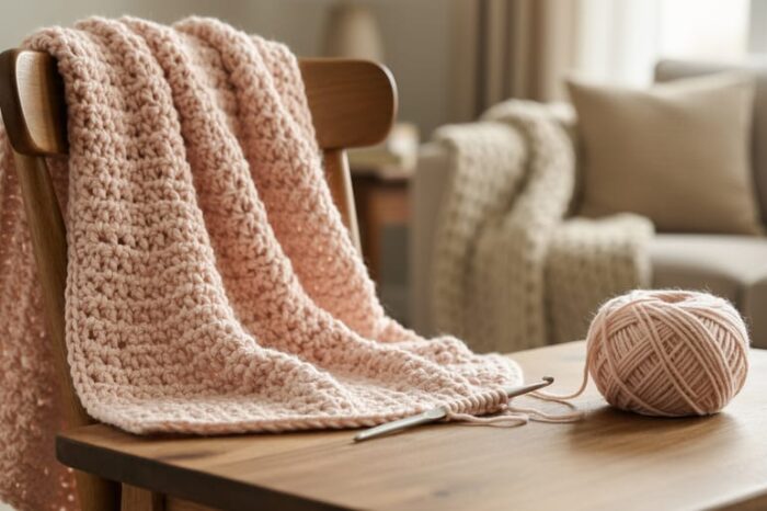 Beginner-friendly crochet shawl draped on a wooden chair with yarn skeins and a crochet hook nearby in a cozy room setting.